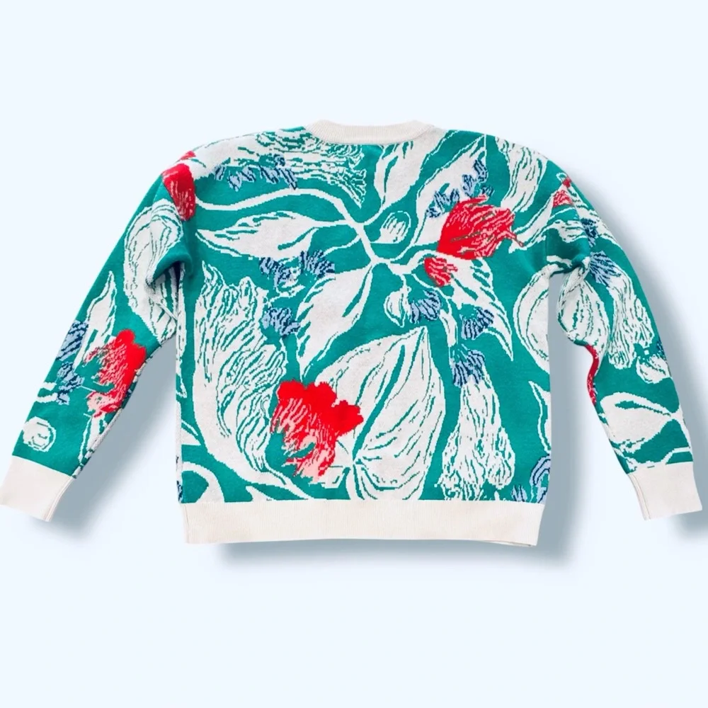 AVARA Size S Green-White w/Pink-Blue Splashes Tropical Print Crew Neck Sweater - Picture 4 of 7